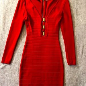 Bebe Dress Red Long Sleeve Bodycon
